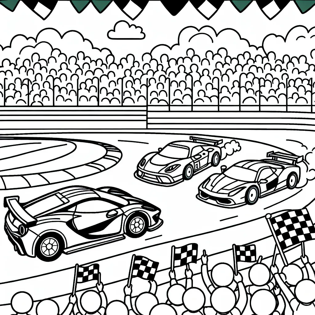 Dessine une course palpitante de voitures de sport sur une piste de course avec une foule qui les acclame